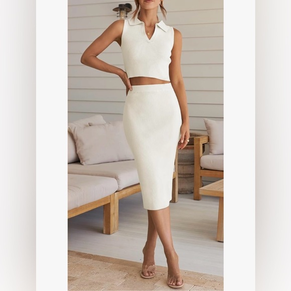 Cream Ribbed Knit Sleeveless Crop Top Bodycon Midi Skirt Set - Picture 6 of 10
